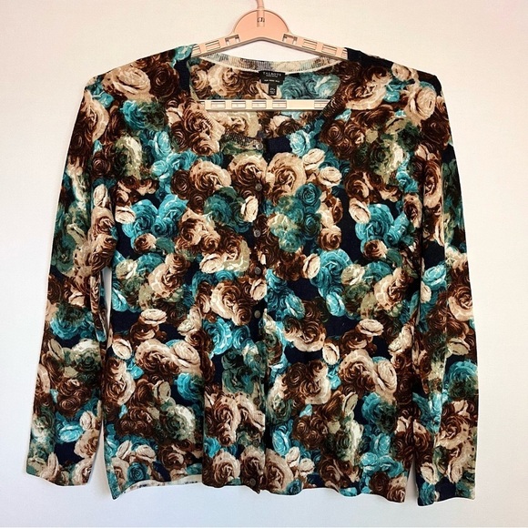 Talbots Pure Merino Wool Cardigan Sz 2XP Brown Blue Rose Button Romantic Floral - Picture 12 of 15